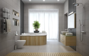 modern bathroom with bamboo and white tile